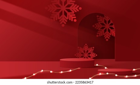Podium shape for show cosmetic product display for Christmas day or New Years. Stand product showcase on red background with tree christmas. vector design.