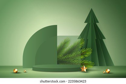 Podium shape for show cosmetic product display for Christmas day or New Years. Stand product showcase on green background with tree christmas. vector design.