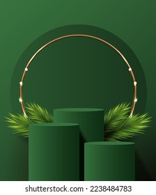 Podium shape for show cosmetic product display for Christmas day or New Years. Stand product showcase on green background with tree christmas. vector design