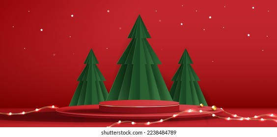 Podium shape for show cosmetic product display for Christmas day or New Years. Stand product showcase on red background with tree christmas. vector design.