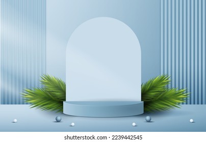 Podium shape for show cosmetic product display for Christmas day or New Years. Stand product showcase on blue background with tree christmas. vector design