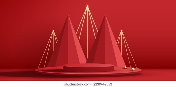Podium shape for show cosmetic product display for Christmas day or New Years. Stand product showcase on red background with tree christmas. vector design.