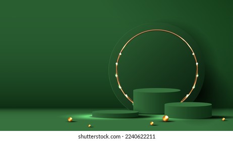 Podium shape for show cosmetic product display for Christmas day or New Years. Stand product showcase on green background with tree christmas. vector design.