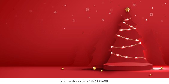 Forma de podio para mostrar productos cosméticos para Navidad o Año Nuevo. Muestra de producto sobre fondo rojo con navidad de árbol. diseño vectorial.