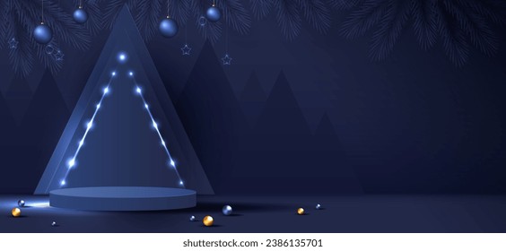 Podium shape for show cosmetic product display for Christmas day or New Years. Stand product showcase on blue background with tree, ball and stars christmas. vector design.