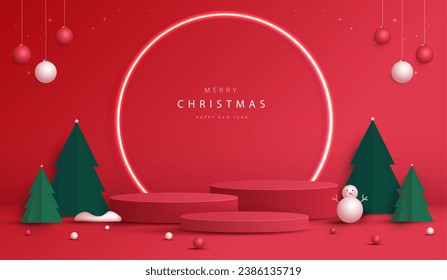 Forma de podio para mostrar productos cosméticos para Navidad o Año Nuevo. Muestra de producto sobre fondo rojo con navidad de árbol. diseño vectorial.