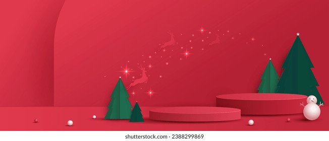 Forma de podio para mostrar productos cosméticos para el día de la navidad o años nuevos. Muestra de producto sobre fondo rojo con navidad de árbol. diseño vectorial.