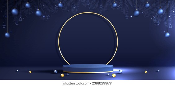 Podium shape for show cosmetic product display for Christmas day or New Years. Stand product showcase on blue background with tree, ball and stars christmas. vector design.