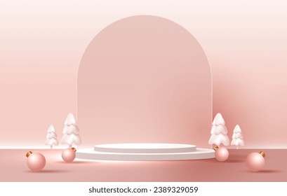 Forma de podio para mostrar productos cosméticos para el día de la navidad o años nuevos. stand product showcase en fondo rosa con navidad de árbol, bola y estrellas. diseño vectorial.