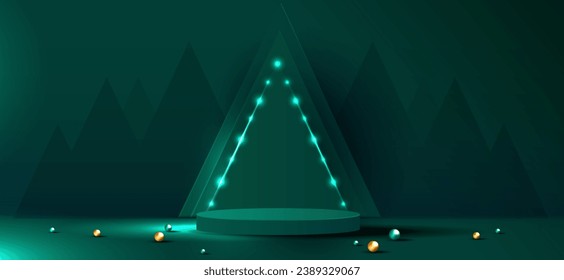 Forma de podio para mostrar productos cosméticos para el día de la navidad o años nuevos. stand product showcase on green backwith tree, ball and stars christmas. diseño vectorial.