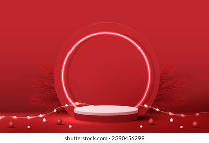 Forma de podio para mostrar productos cosméticos para Navidad o Año Nuevo. Muestra de producto sobre fondo rojo con navidad de árbol. diseño vectorial.