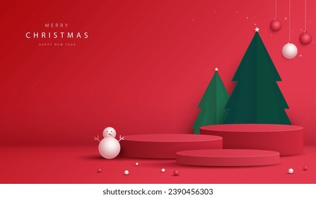 Forma de podio para mostrar productos cosméticos para Navidad o Año Nuevo. Muestra de producto sobre fondo rojo con navidad de árbol. diseño vectorial.