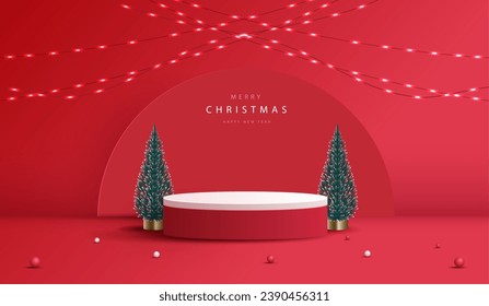 Forma de podio para mostrar productos cosméticos para Navidad o Año Nuevo. Muestra de producto sobre fondo rojo con navidad de árbol. diseño vectorial.