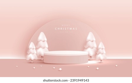 Podium shape for show cosmetic product display for christmas day or new years. stand product showcase on pink background with tree, ball and stars christmas. vector design.