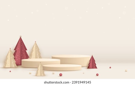 Podium shape for show cosmetic product display for christmas day or new years. Stand product showcase minimal on cream background with tree christmas. vector design.