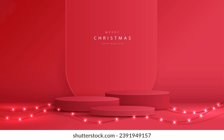 Forma de podio para mostrar productos cosméticos para el día de la navidad o años nuevos. Muestra de producto sobre fondo rojo con navidades de iluminación. diseño vectorial.