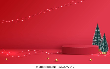 Podium shape for show cosmetic product display for christmas day or new years. stand product showcase on red background with tree christmas, golden ball and light. vector design.