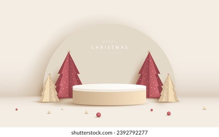 Podium shape for show cosmetic product display for christmas day or new years. stand product showcase minimal on cream background with tree christmas. vector design.