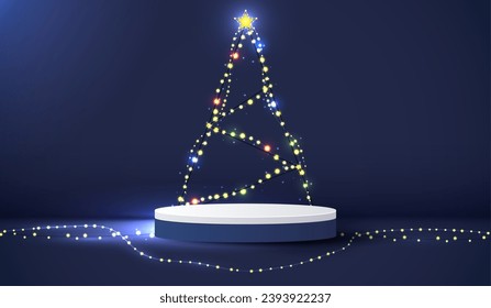 Podium shape for show cosmetic product display for Christmas day or New Years. Stand product showcase on blue background with light tree christmas. vector design.