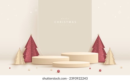 Podium shape for show cosmetic product display for christmas day or new years. Stand product showcase minimal on cream background with tree christmas. vector design.