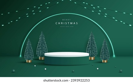 Forma de podio para mostrar productos cosméticos para el día de la navidad o años nuevos. stand product showcase on green Background con árboles, bola y navidad ligera. diseño vectorial.