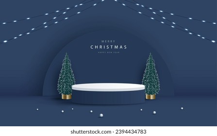 Podium shape for show cosmetic product display for christmas day or new years. stand product showcase on blue background with tree, ball and light christmas. vector design.