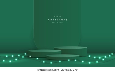 Podium shape for show cosmetic product display for christmas day or new years. Stand product showcase on green background with lighting christmas. vector design.