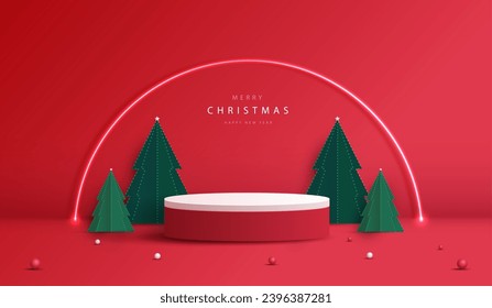 Podium shape for show cosmetic product display for christmas day or new years. stand product showcase on red background with tree christmas, golden ball and light. vector design.