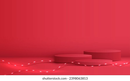 Forma de podio para mostrar productos cosméticos para el día de la navidad o años nuevos. stand product showcase on red Background con navidad ligera. diseño vectorial.