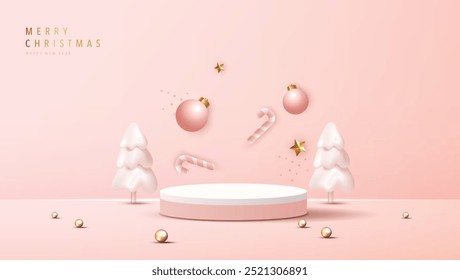 Podium shape for show cosmetic product display for christmas day or new years. Stand product showcase on pink background with lighting christmas. vector design.