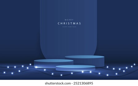 Podium shape for show cosmetic product display for christmas day or new years. Stand product showcase on blue background with lighting christmas. vector design.