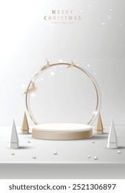 Podium shape for show cosmetic product display for christmas day or new years. Stand product showcase on gray background with lighting christmas. vector design.