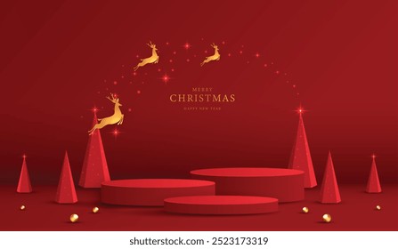 Podium shape for show cosmetic product display for christmas day or new years. Stand product showcase on red background with lighting christmas. vector design.