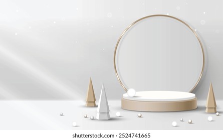 Podium shape for show cosmetic product display for christmas day or new years. Stand product showcase on gray background with lighting christmas. vector design.