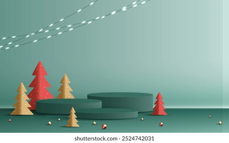 Podium shape for show cosmetic product display for christmas day or new years. Stand product showcase on green background with lighting christmas. vector design.