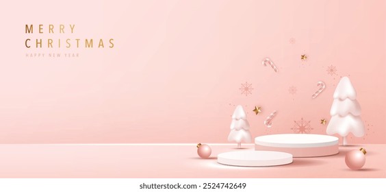 Podium shape for show cosmetic product display for christmas day or new years. Stand product showcase on pink background with lighting christmas. vector design.