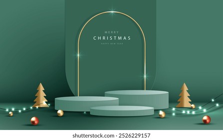 Podium shape for show cosmetic product display for christmas day or new years. Stand product showcase on green background with lighting christmas. vector design.