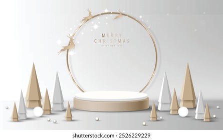 Podium shape for show cosmetic product display for christmas day or new years. Stand product showcase on gray background with lighting christmas. vector design.