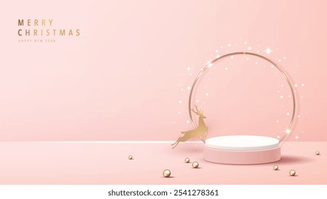 Podium shape for show cosmetic product display for christmas day or new years. Stand product showcase on pink background with lighting christmas. vector design.