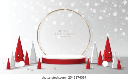 Podium shape for show cosmetic product display for christmas day or new years. Stand product showcase on gray background with lighting christmas. vector design.