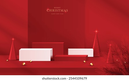 Podium shape for show cosmetic product display for christmas day or new years. Stand product showcase on red background with lighting christmas. vector design.