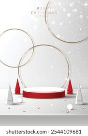 Podium shape for show cosmetic product display for christmas day or new years. Stand product showcase on gray background with lighting christmas. vector design.