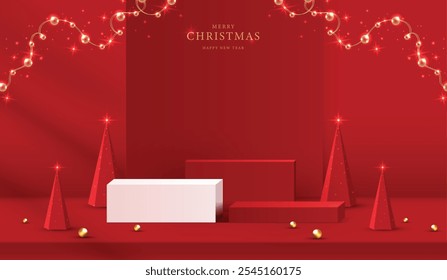 Podium shape for show cosmetic product display for christmas day or new years. Stand product showcase on red background with lighting christmas. vector design.