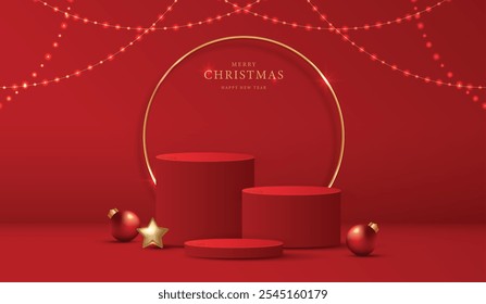 Podium shape for show cosmetic product display for christmas day or new years. Stand product showcase on red background with lighting christmas. vector design.