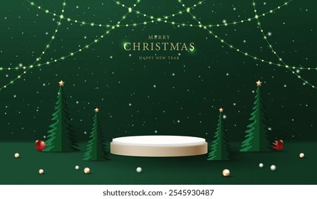 Podium shape for show cosmetic product display for christmas day or new years. Stand product showcase on green background with lighting christmas. vector design.