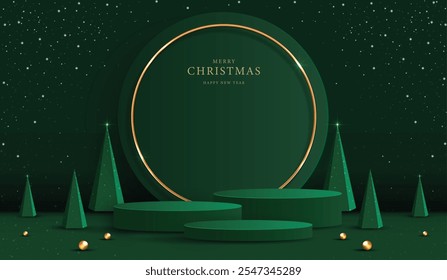 Podium shape for show cosmetic product display for christmas day or new years. Stand product showcase on green background with lighting christmas. vector design.