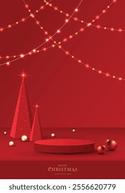 Podium shape for show cosmetic product display for christmas day or new years. Stand product showcase on red background with lighting christmas. vector design.