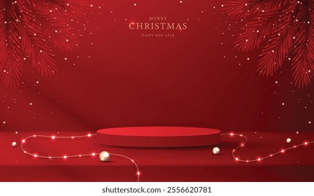 Podium shape for show cosmetic product display for christmas day or new years. Stand product showcase on red background with lighting christmas. vector design.