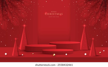 Podium shape for show cosmetic product display for christmas day or new years. Stand product showcase on red background with lighting christmas. vector design.