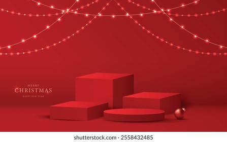 Podium shape for show cosmetic product display for christmas day or new years. Stand product showcase on red background with lighting christmas. vector design.